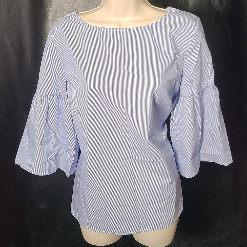 NWT Como Blue vertical striped blouse with bell sleeve size medium